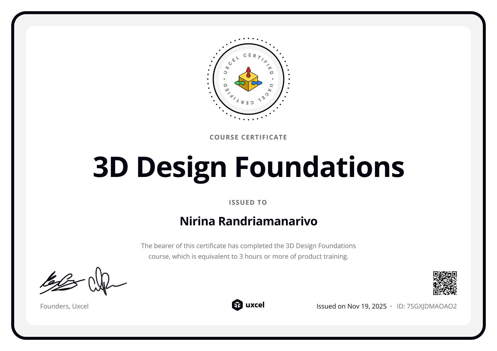 Nirina's certificate